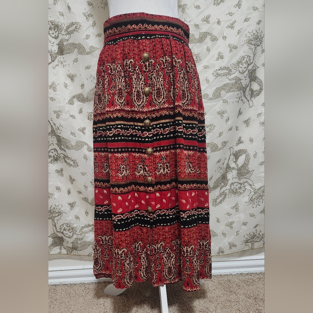 Vintage 90s Bohemian Red and Black Gypsy Skirt